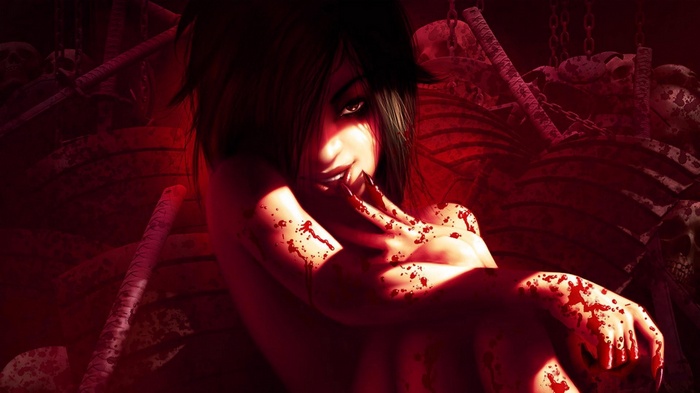 Bloody anime girl with swords and skulls