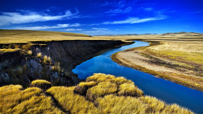 4K River Scenery with Bright Blue Sky