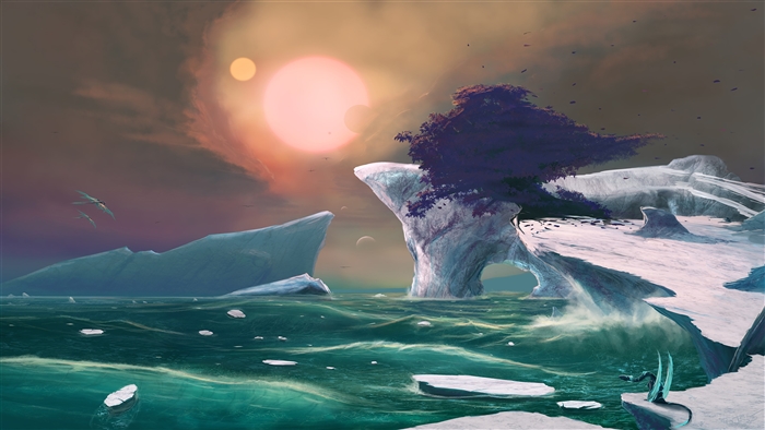 Alien Landscape with Glaciers and Multiple Suns 4K