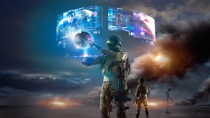 Soldiers interacting with a futuristic holographic display 4K