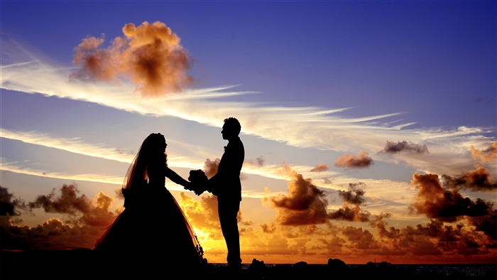 Newly Married Couple Silhouette at Sunset 4K
