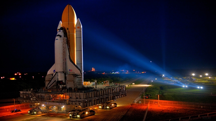 Space Shuttle Discovery on Launch Pad at Night 4K