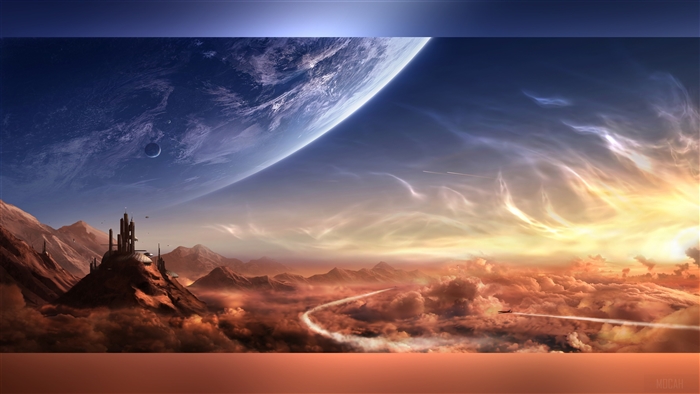 Alien Cityscape with Planet and Clouds 4K