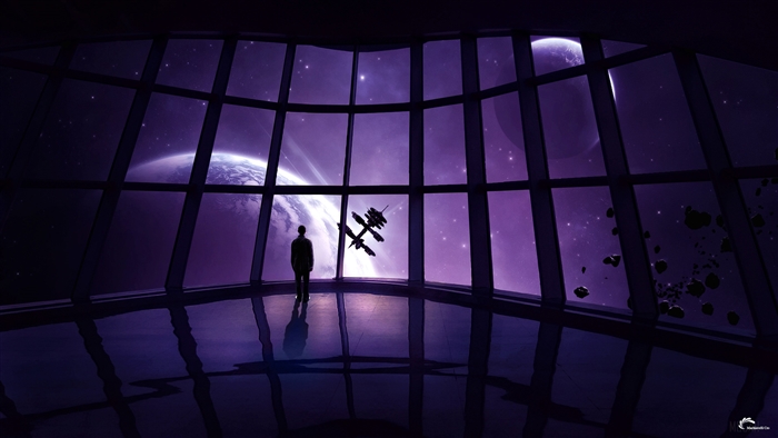 Man looking at space station and planets through window 4K