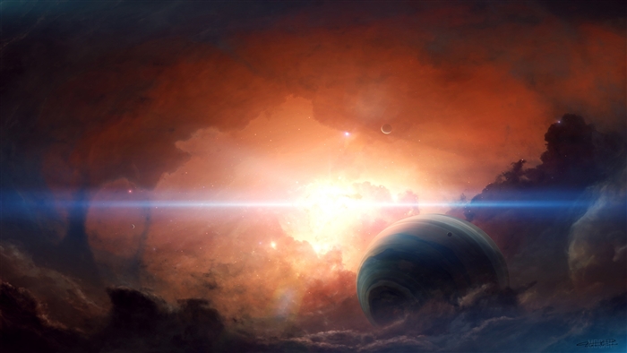Planet and nebula in space 4K