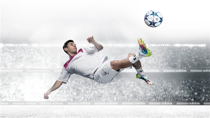 Lionel Messi performing a bicycle kick with Adidas ball