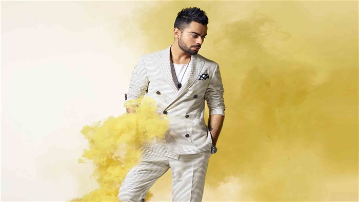 Virat Kohli in a checkered suit with yellow smoke