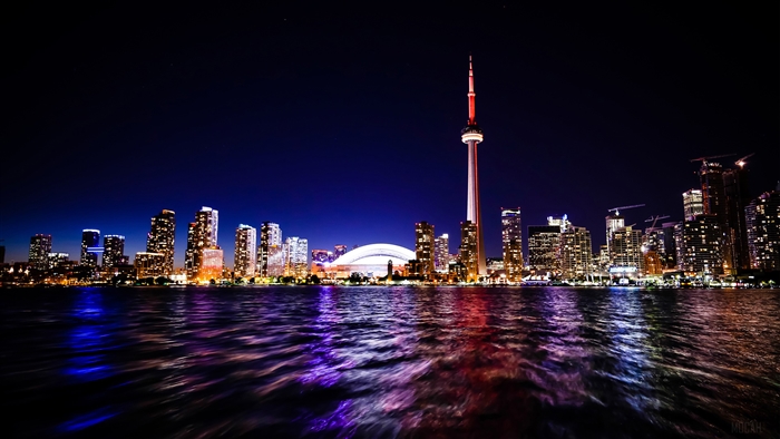 Toronto Skyline and CN Tower at Night 4K