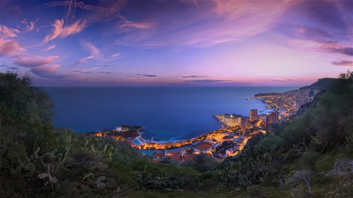 Monaco Coastline at Sunset with Purple Clouds 4K
