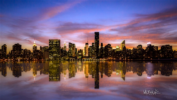 Manhattan Skyline at Sunset with Reflections