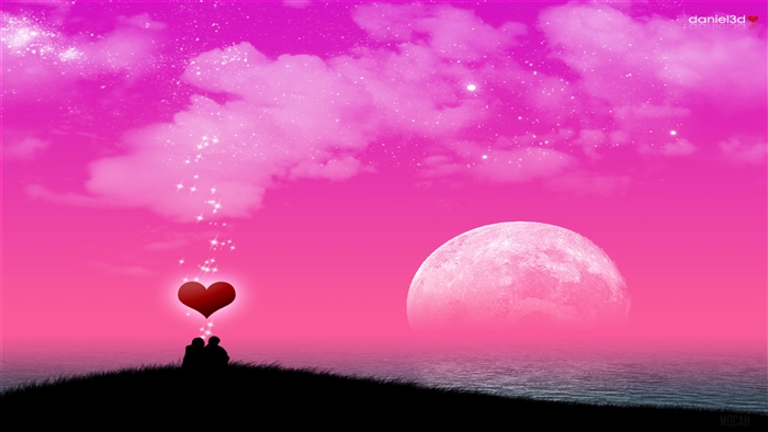 Couple silhouetted under a heart in a pink night sky
