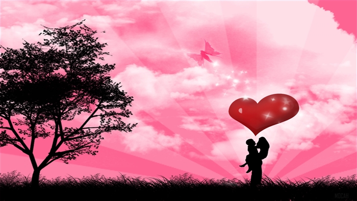 Couple holding a heart in front of a pink sky