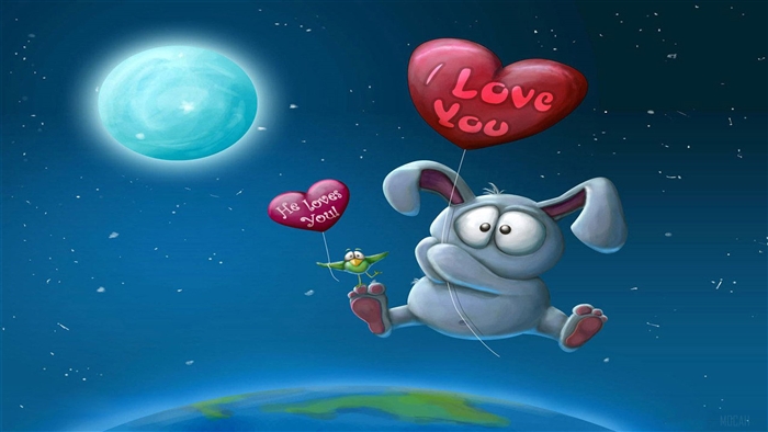 Bunny and Bird with "I Love You" Balloons in Space 4K