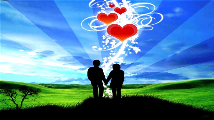 Couple holding hands with hearts in sky 4K