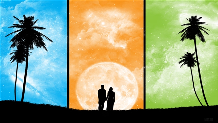 Couple Holding Hands Under a Large Moon