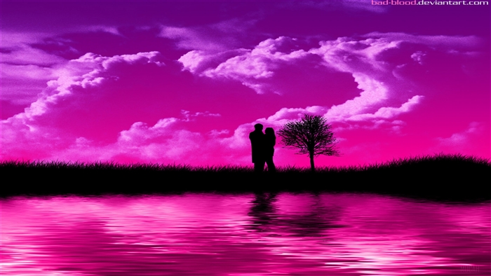 Couple Embracing Under Pink and Purple Sky 4K