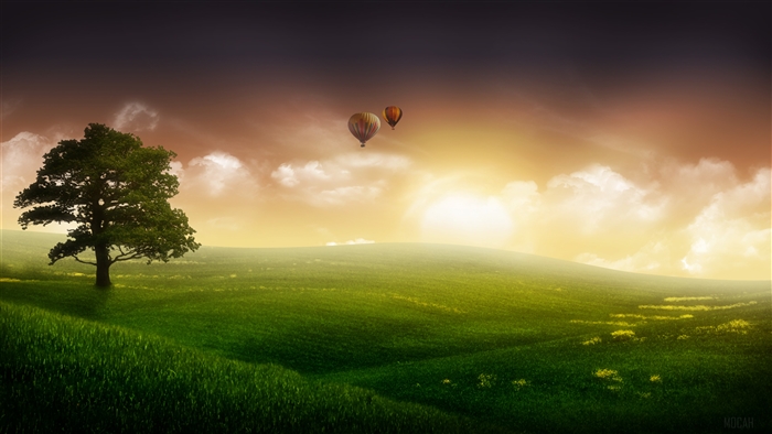 Hot air balloons over rolling hills at sunset