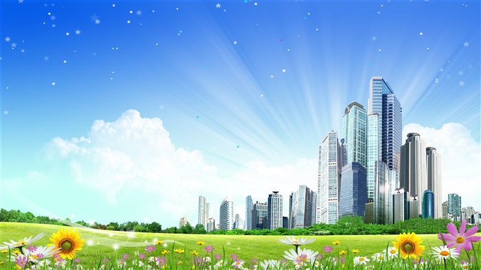 Bright Cityscape with Green Meadow and Blue Sky 4K