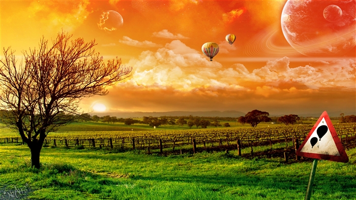 Hot Air Balloons in a Surreal Orange Sky