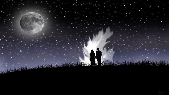 Couple by Bonfire Under Moonlit Starry Sky 4K