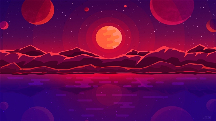 Sunset planets over mountains and water 4K