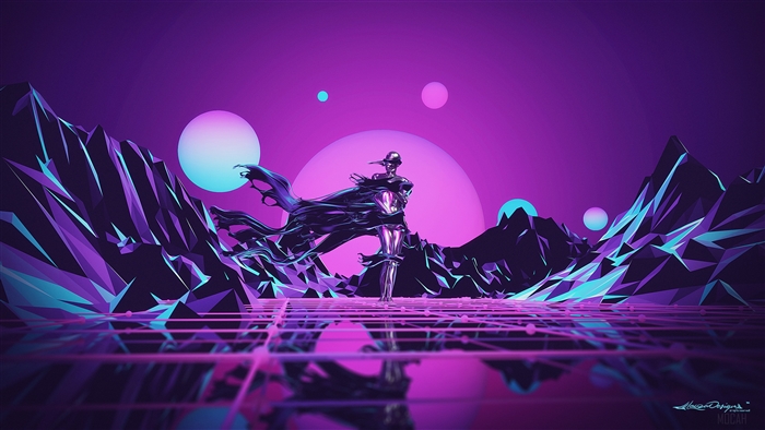 Sci-fi landscape with a metallic figure and mountains 4K