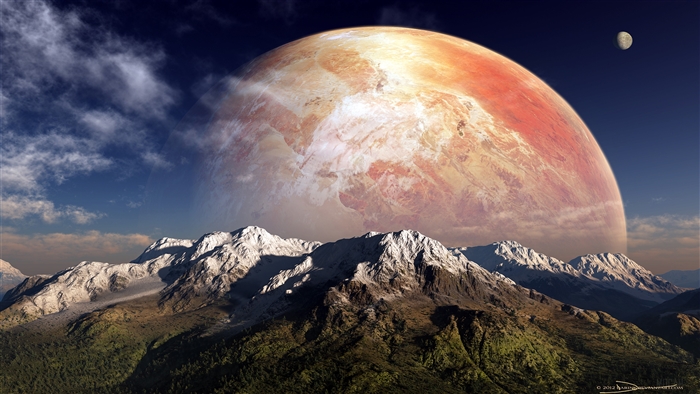 Alien planet with mountains and moons
