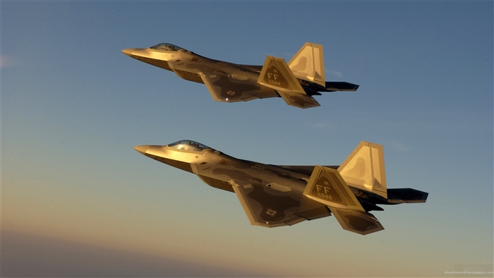 Two Golden F-22 Raptor Fighter Jets in Flight 4K
