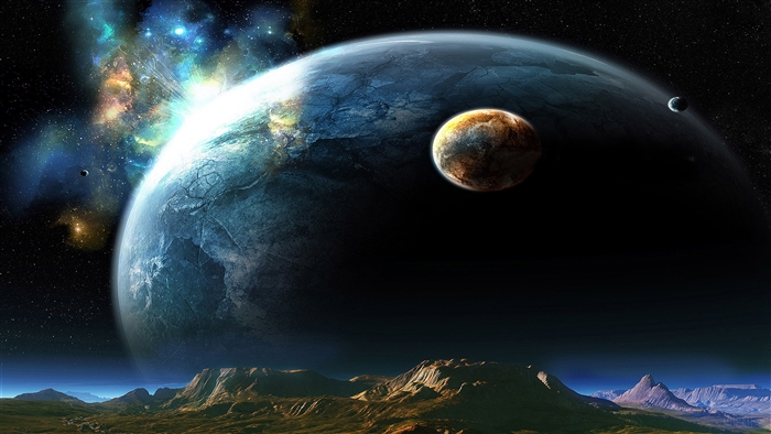 Alien Planet Landscape with Large Planet and Moons