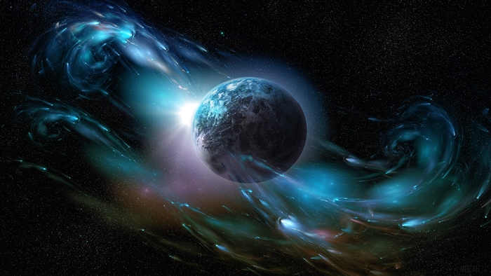 Planet with blue nebula and stars 4K