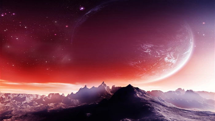 Alien Planet Landscape with Large Planet in Sky 4K