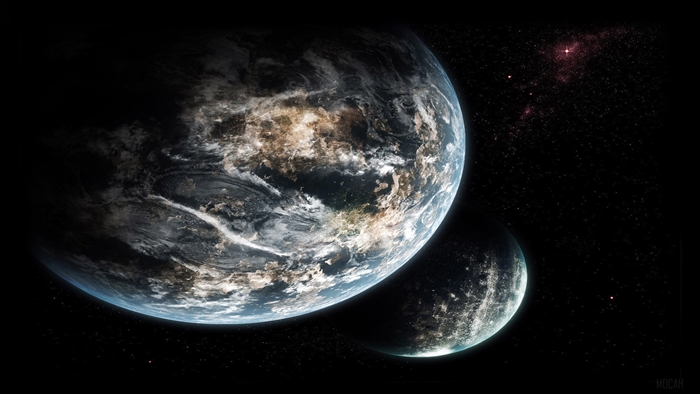 Two planets in dark space with stars