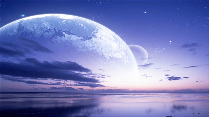 Planets and ocean at sunrise 4K