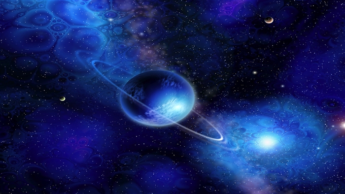 Blue Planet with Rings in Space 4K
