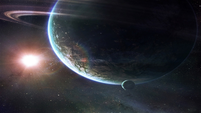 Planet with rings and moon in space with sun