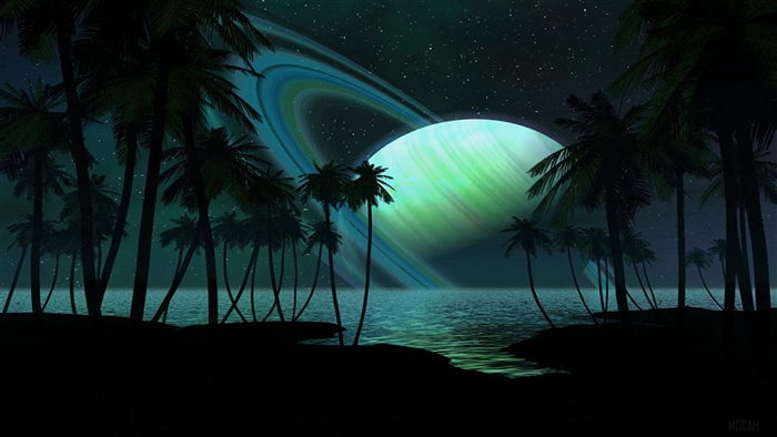 Alien Planet with Saturn-like Rings and Palm Trees