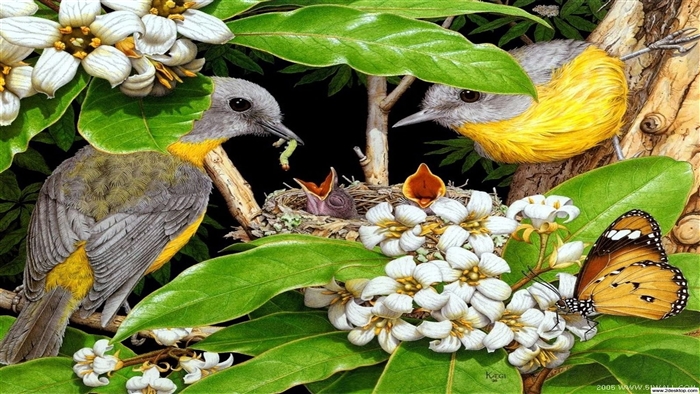 Bird Pair with Chicks and Butterfly 4K
