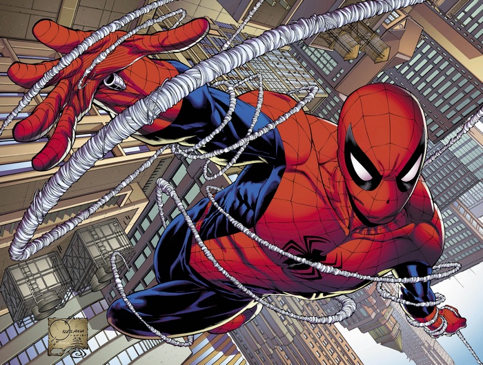 Spider-Man swinging through a city