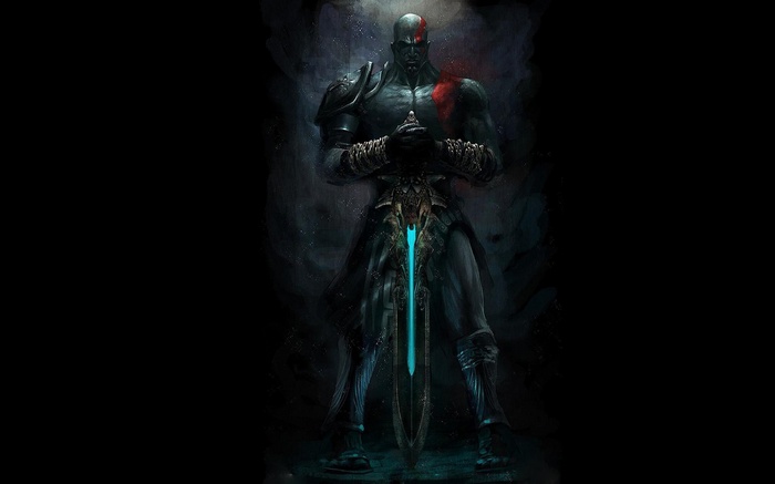 Kratos from God of War holding a glowing sword