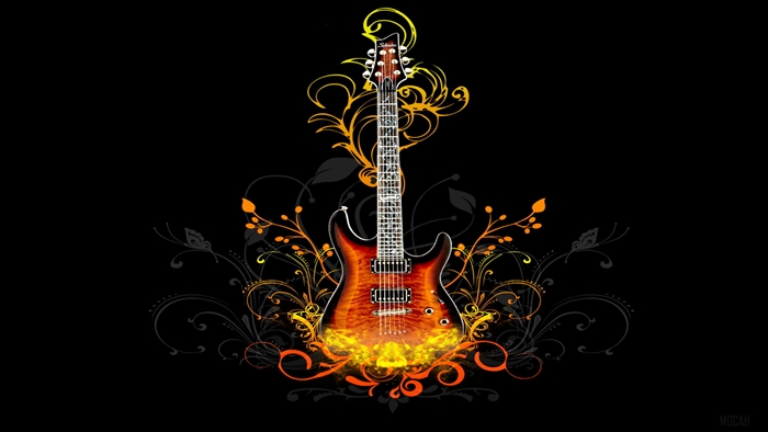 Electric guitar with abstract fiery floral design