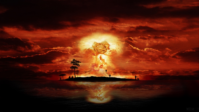 Nuclear Mushroom Cloud with Lion Face and Island