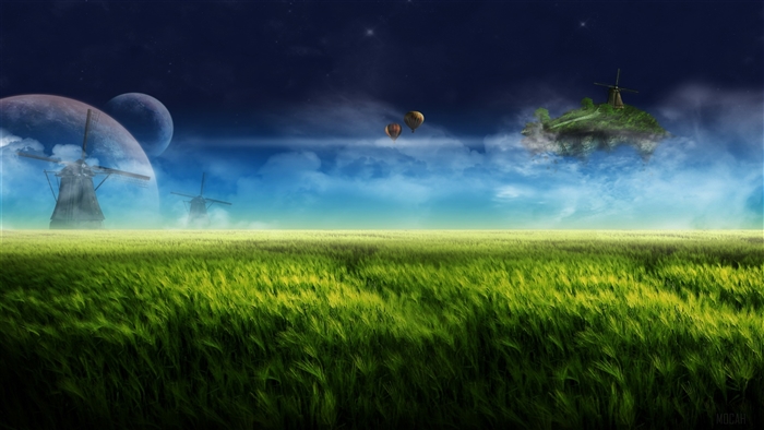 Fantasy landscape with floating island and windmills