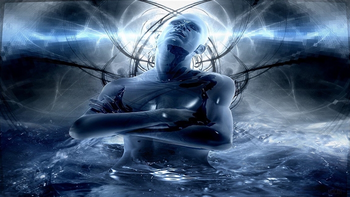 Man made of glass in water