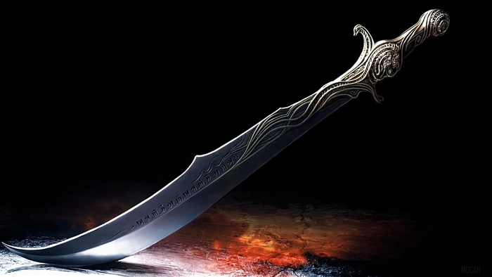Ornate curved sword with runes 4K