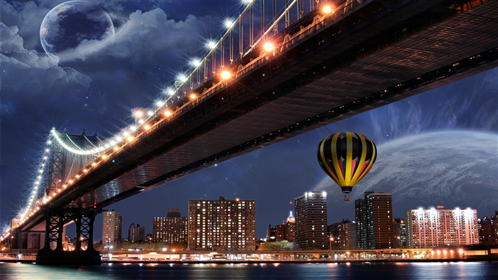 Under The Bridge 4K Night Cityscape with Hot Air Balloon