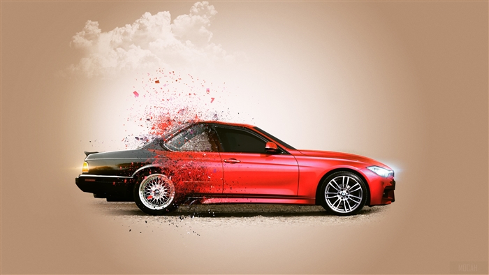 Red BMW car exploding into particles