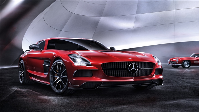 Red Mercedes Benz SLS AMG and classic Mercedes