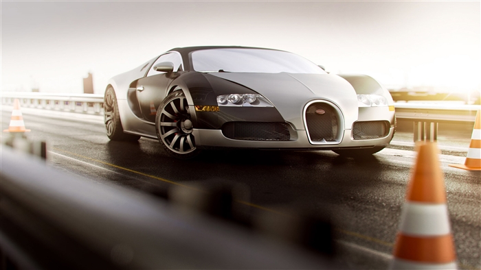 Bugatti Veyron Supercar on a Wet Road with Cones 4K