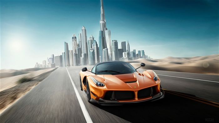 Orange Ferrari driving on road with Dubai skyline