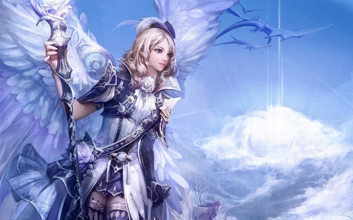 Angel with staff and wings in the sky